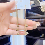 S925 silver needle tassel long small gold bead earrings