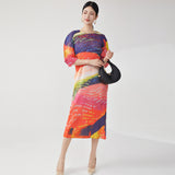 Women's clothing high-end bud dress design sense niche printing bat sleeve loose and thin Miyake medium-length skirt