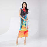Miyake counter hot-selling dresses women's clothing high-end summer clothing printing sleeveless fashion split temperament elegant skirt