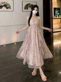 Summer Floral Pink Dress Women Print Fairy Midi Dresses Female Holiday High Street Designer Chic Korean Fashion Strap Dress