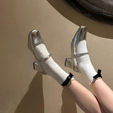 2025  popular new one-word  thick heel Mary Jane shoes light mouth patent leather pearl buckle silver single shoes