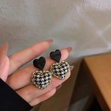 S925 silver needle vintage fabric houndstooth check love earrings