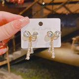 S925 silver needle sweet temperament diamond bow tassel earrings