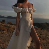 MOMENTLOVER women's clothing New 2025 dresses autumn new  bubble sleeves solid color lace-up slit dresses
