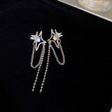 Silver needle with diamond star tassel earrings