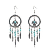 Bird Pendant Long Tassel Turquoise Earrings