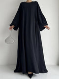 Momentlover Loose Seven-Quarter Sleeves Contrast Color Round-Neck Midi Dresses