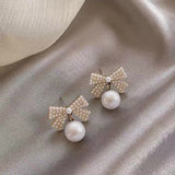 S925 silver needle elegant bow pearl earrings