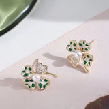S925 silver needle fashion simple diamond green check pearl clover earrings