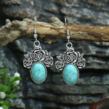 Silver geometric metal turquoise inlaid tassel earrings