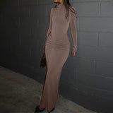 MOMENTLOVER 2025 dresses New autumn new temperament solid color pleated waist slim hip dress dress