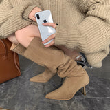 2025  Pointed boots Children look thin in early autumn but knee boots long boots thin heel knight boots high heel pile boots