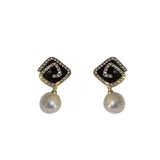 S925 silver needle black diamond pearl earrings