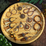 Fashion retro wooden beads hand-woven geometric hollow tassel earrings