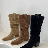 2025  British style matte square head thick heel popular new knight boots niche thin boots but knee single boots stacking boots