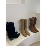 2025  British style matte square head thick heel popular new knight boots niche thin boots but knee single boots stacking boots