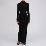 MOMENTLOVER 2025 dresses New autumn new temperament solid color pleated waist slim hip dress dress