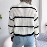 Momentlover Striped High Neck Rib-Knit Lantern Sleeve Sweater
