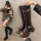 2025  Boots women's round head thick heel platform knight boots popular new high boots trendy small long boots