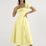 MOMENTLOVER women's clothing New 2025 dresses autumn new  bubble sleeves solid color lace-up slit dresses