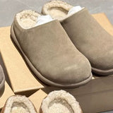 2025  Flat-bottomed velvet Muller shoes, bag head, fluffy half slippers, women wear a pedal, ugly and cute Birkenstock cotton shoes