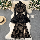 - Sexy see-through mesh trumpet sleeve retro printed slit mermaid dress GEU1125