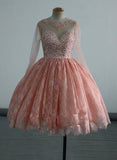 lemongor Pink Long Sleeves Homecoming Dresses, Lace and Beaded Party Dress, Short Formal Dress