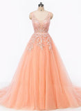 lemongor Pearl Pink Tulle V-neckline Formal Gowns, Elegant Party Dress , Lace-up Formal Dresses