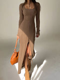 Fashion Knit Square Neck Black Elegant Dress Female Autumn Winter Slim Split Party Long Dresses Basic Casual Clothing