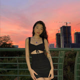 Y2K Women Black Dress Hollow Out Spaghetti Strap  Lace Up Night Club Party Sexy Bodycon Mini Dress  Summer Casual Dresses