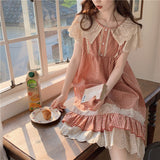 themeisles Plaid Retro Elegant Casual NightDress Soft Ruffles Sweet Simple Summer O-Neck Princess Long Sleepwear Cotton Lace Short sleeve