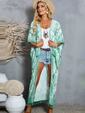 Printed Fringed Long Kimono Dress Bikini Wrap Cover-Ups Plus Size Women Summer Clothes Beach Wear Swim Suit Cover Up A1098