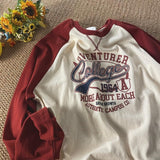 Momentlover Vintage Oversized T-shirt for Men Contrast Color Raglan Long Sleeve Letter Print T Shirt Hip-hop American Retro Unisex Tops Tees