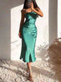 Women Chic Sling Strap Off Shoulder Midi Green Satin Backless Dress Club Party Sexy Skinny Women Summer Dress