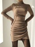 Fashion Elegant Bodycon Ruched Autumn Winter Dress Female Draped Basic Casual Dresses Turtleneck Outfits Long Sleeve