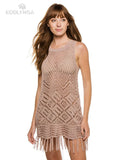White Crochet Tunic Bikini Cover-Ups Sexy Hollow Out Sleeveless Fringed Mesh Dress Women Beach Wear Casual Mini Dress Q1398