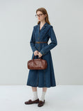 Retro Style Temperament Pure Cotton Denim Dress for Female  Autumn Chic High Waist Slim Single-breasted Dress with Belt