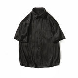 Momentlover  -  Told Tale Men's Wavy Grain Pleated Blouse Lapel Short Sleeve Streetwear Casual Male Loose Leisure Solid Shirts Men Clothing