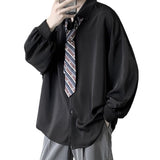 Momentlover Black Long-sleeved Shirts Men Korean Lapel Single-breasted Men Shirt Spring Autumn Loose Fit Solid Color Shirt with Tie