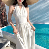 Solid Color Neck-mounted Dress French Vintage Women Clothes Party Beach Style Summer Vacation Vestido De Mujer