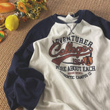 Momentlover Vintage Oversized T-shirt for Men Contrast Color Raglan Long Sleeve Letter Print T Shirt Hip-hop American Retro Unisex Tops Tees