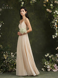 Stock Champagne Lace Chiffon Bridesmaid Dresses Women A-Line V-Neck Beach Dress Spaghetti Strap Formal Wedding Prom Party Gowns