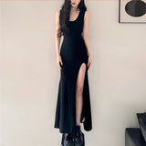 Geuxml  Summer Women Midi Dress Fashion Black Sexy Slit Sleeveless  Chic Club Y2k  Elegant High Casual  Sheath Dresses Vestido  New