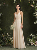 Stock Champagne Lace Chiffon Bridesmaid Dresses Women A-Line V-Neck Beach Dress Spaghetti Strap Formal Wedding Prom Party Gowns