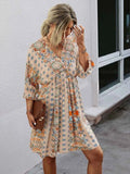 Back to School Summer Comfortable Leisure Dresses V-neck Above Knee Mini Casual Floral Empire Pullover Cotton Three Quarter Women's Clothing