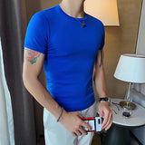 Momentlover -  Summer New Men Fitness Short Sleeve Leisure Round Collar Slim Fit T-shirts Male Fashion Korean Solid Color Tops Shirts L18