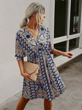 Back to School Summer Comfortable Leisure Dresses V-neck Above Knee Mini Casual Floral Empire Pullover Cotton Three Quarter Women's Clothing
