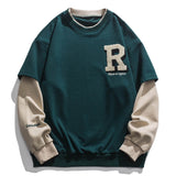 Momentlover Vintage Flocked Letter Fake Two Patchwork Hoodie Pullover Harajuku Sweatshirts Men Hip Hop Streetwear Loose Casual Tops
