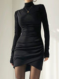 Fashion Elegant Bodycon Ruched Autumn Winter Dress Female Draped Basic Casual Dresses Turtleneck Outfits Long Sleeve