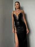 fall outfits  Fashion PU Leather High Rise Slit Long Dress for Women Outfits Chain Deep V-Neck Slip Maxi Dresses Party Club Robe